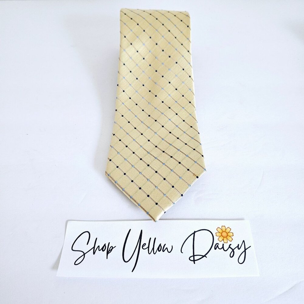 Geoffrey Beene Mens Yellow Silk Geometric Dotted Grid Necktie Professional Tie